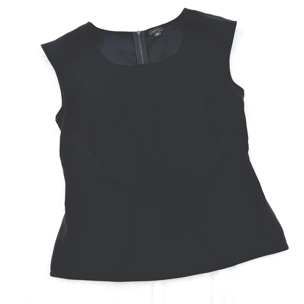 Ann Taylor Black Peplum Sleeveless Blouse Exposed Back Zipper Size 12 Career Top